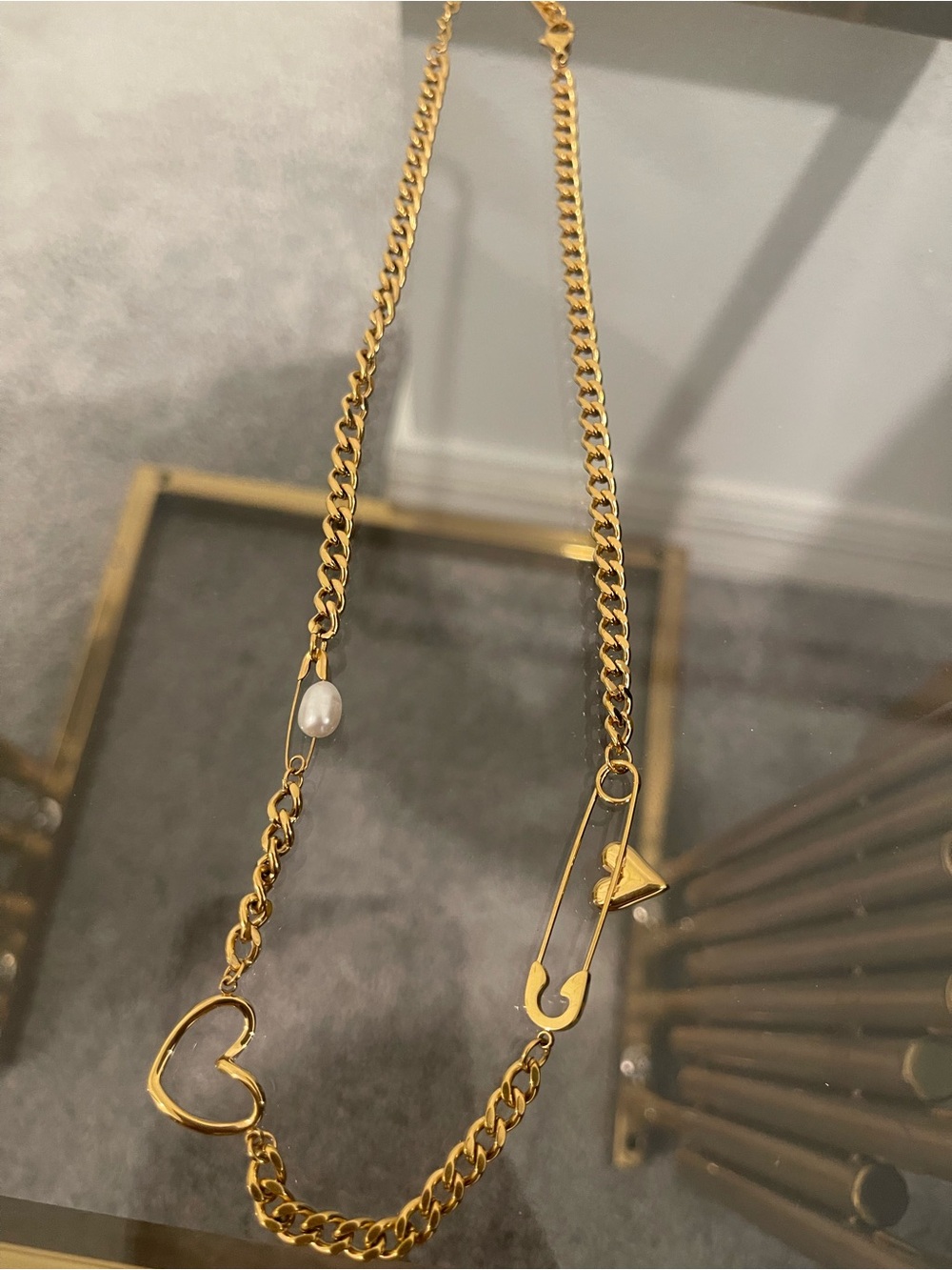 Gold Heart & Safety Pin Necklace with Pearl Accent - Women Jewelry